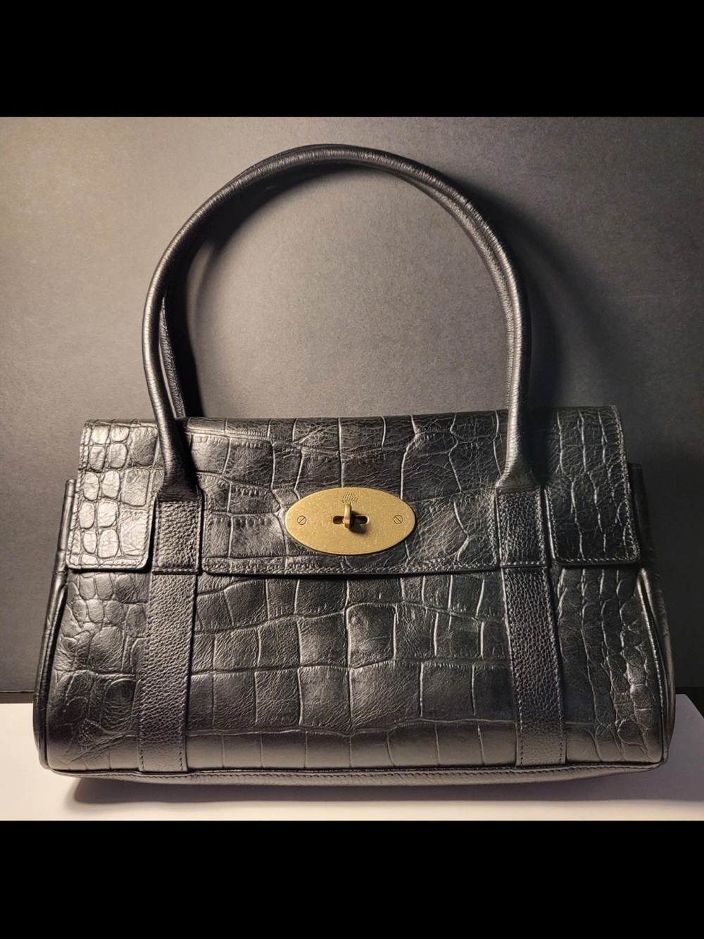 Mulberry Black Croc-Embossed Leather Satchel with Gold Turn-Lock